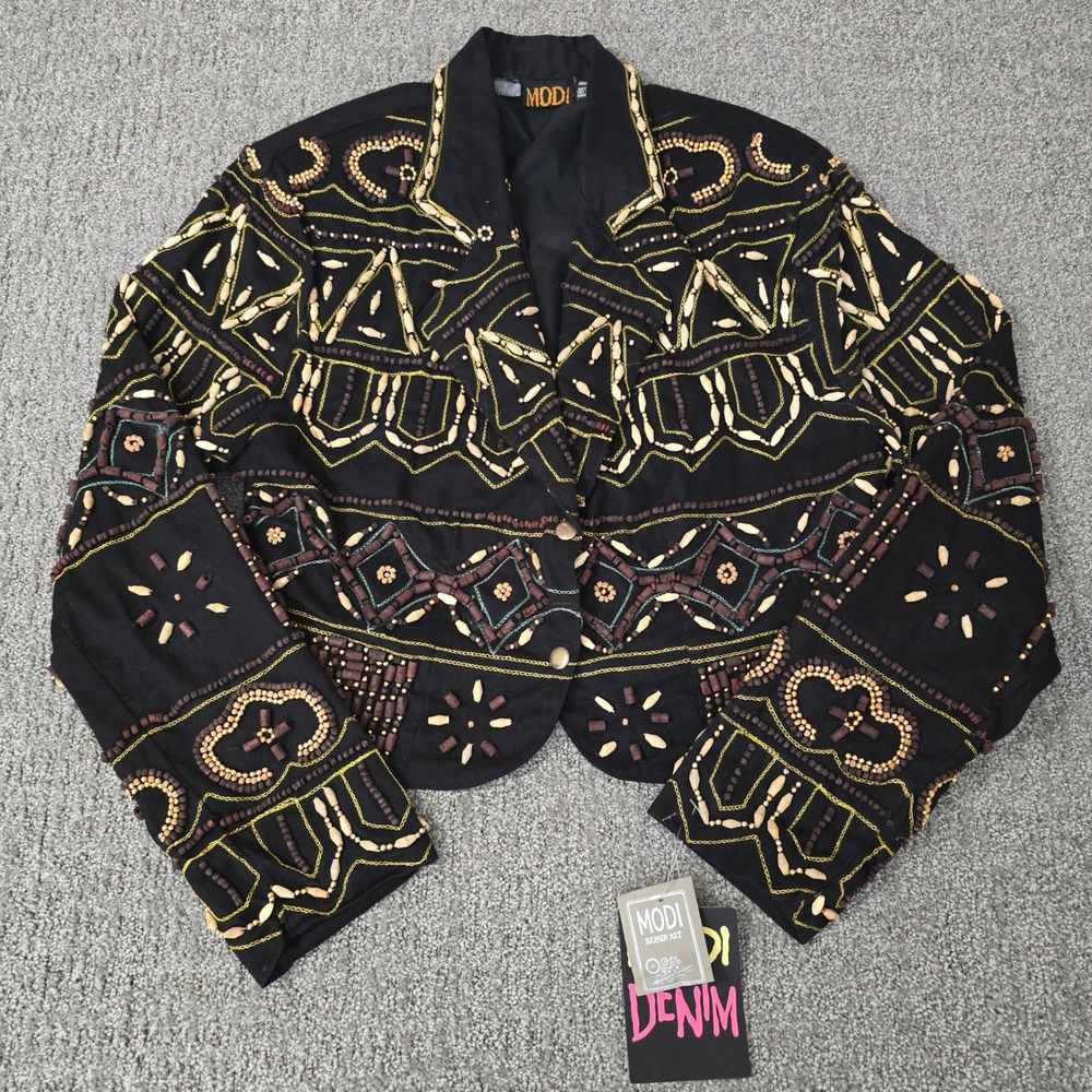 Vintage 90s MODI Denim Jacket L Black Hand Beaded NWT Art to Wear Western